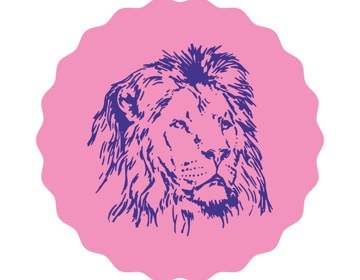 Een paarse en roze icoontje van een leeuw als representatie van de St. Michielskerk