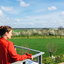 Dame in rood jasje kijkt vanaf uitkijkpunt uit op een heide vol bomen.