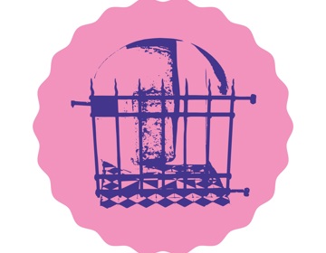 Icoontje met roze en paarse tralies als representatie van Amelberga