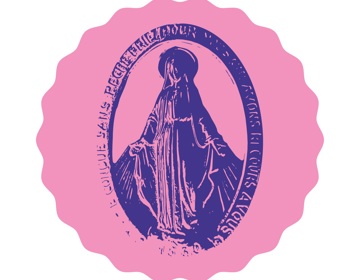 Een roze en paars icoontje van een heilige als representatie van onbevlekt ontvangen