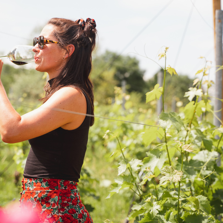 Een jonge vrouw drinkt op een zomerse dag een glaasje rode wijn in de wijngaard