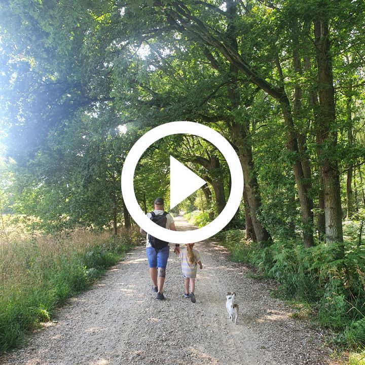 Vader en dochter wandelen door de Schinveldse bossen met hun trouwe viervoeter ernaast. Over de foto staat een play button. 