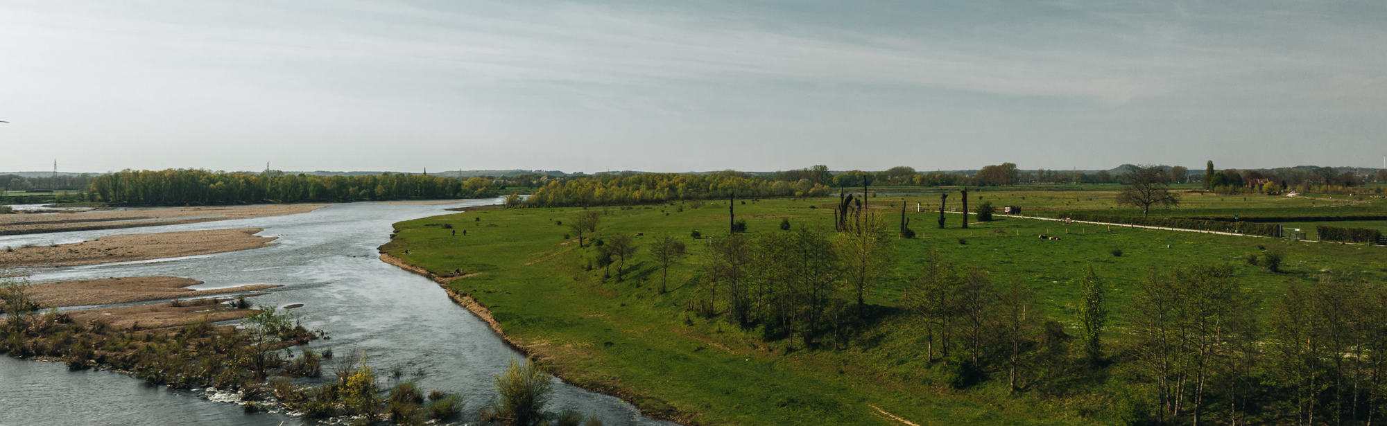 Luchtfoto van de Maas bij kunstwerk Woodhenge in Meers