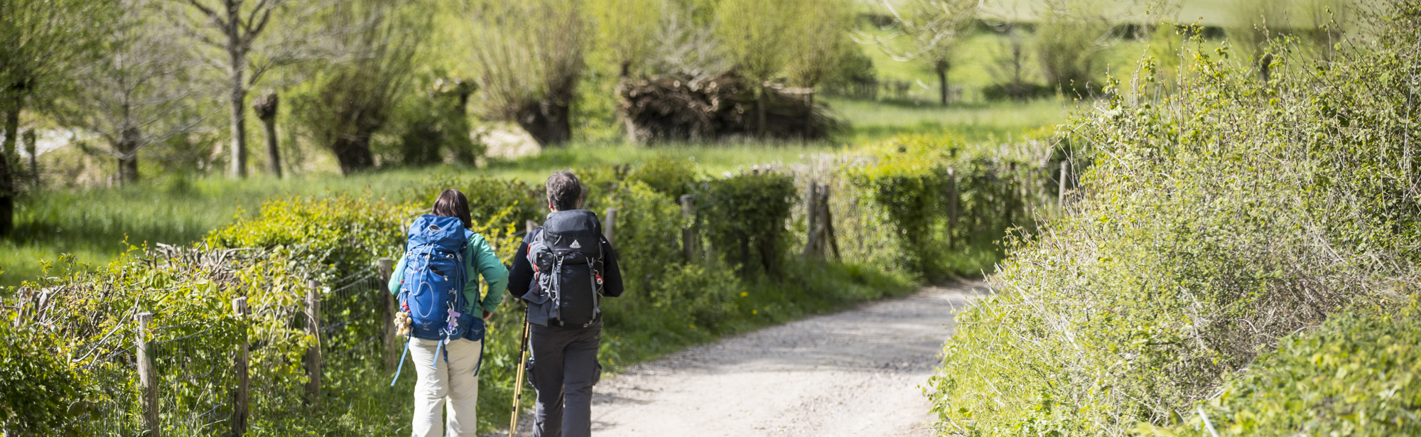 Twee dames met backpack wandelen over een onverharde weg richting de heuvels