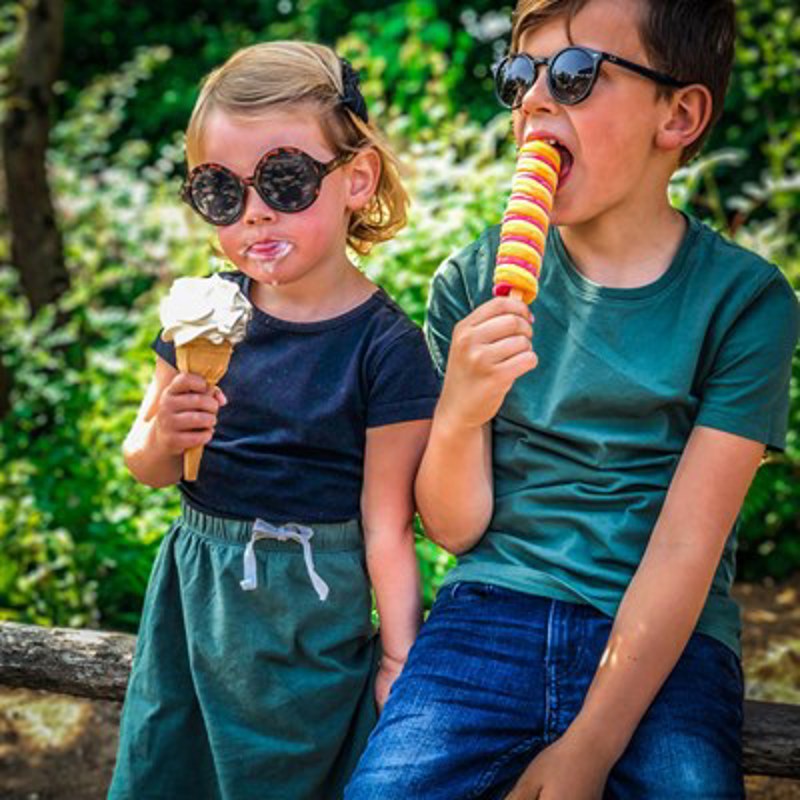 Twee kinderen likken aan ijsjes
