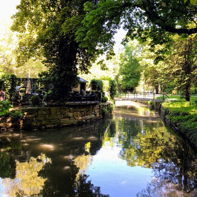 Water in een stadspark van Maastricht met in de verte een bruggetje over het water. 