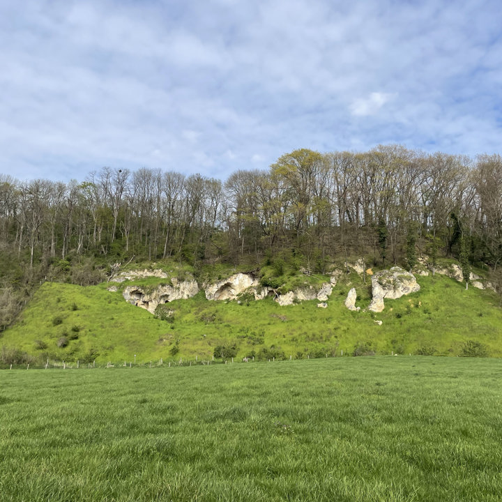 Uitzicht op een adembenemende kalkwand omhuld door groene natuur