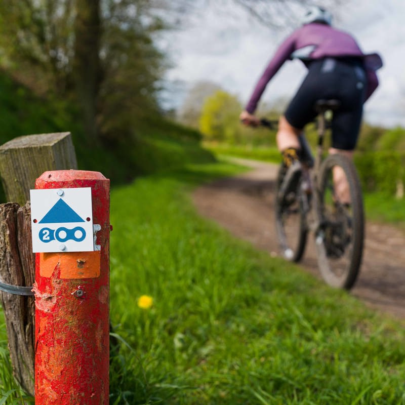 Een mountainbiker fietst langs de bewegwijzering van de Limburg200 route