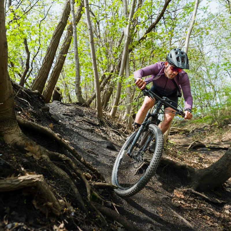 Een mountainbiker maakt een scherpe bocht tussen de wortels van de bomen in het bos