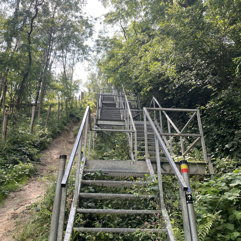 Een ijzeren trap in het bos richting de groeve