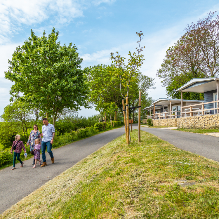 Gezin loopt over de weg in een groen vakantiepark met bungalows. 