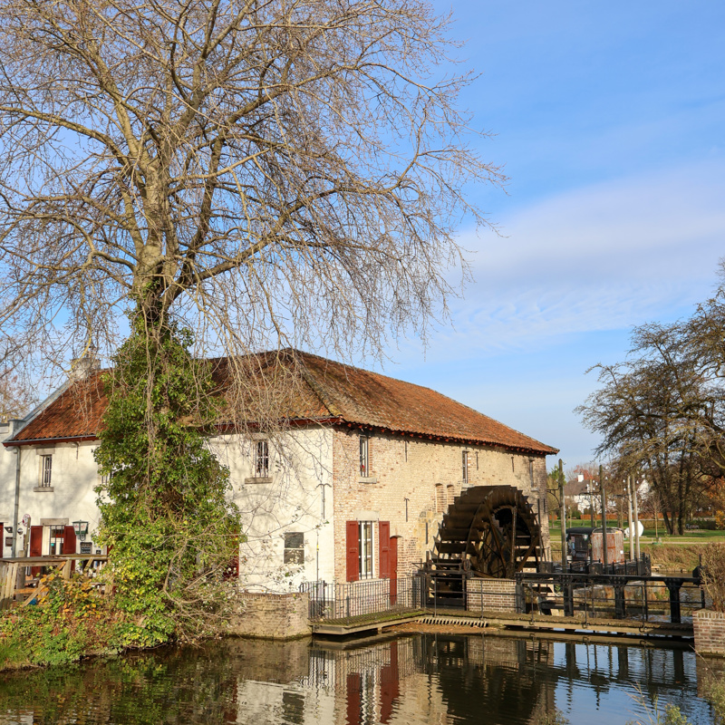 Oud gebouw met watermolen en water. 