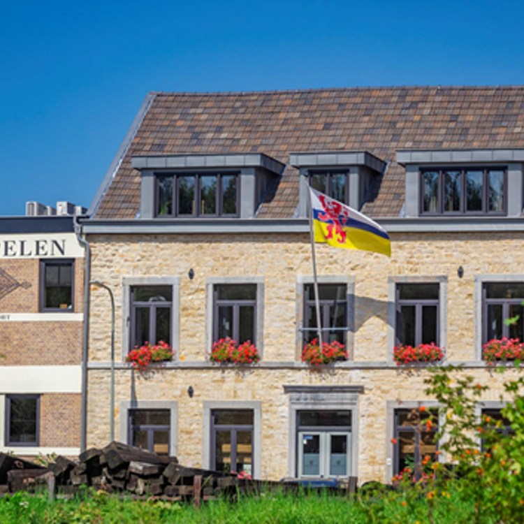 Vooraanzicht van een sfeervolle woning met bloemetjes langs het raam. 